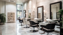 Stylish Beauty Salon Interior. Hairdresser And Makeup Artist Workplaces In One Room, Creative Mirrors