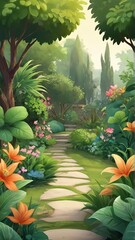 Wall Mural - Free Beautiful green garden cartoon background illustration Generative AI