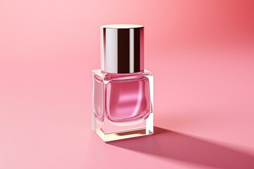 Wall Mural - Glass nail polish bottle on pink background