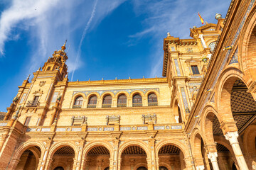 Canvas Print - Buildings in Plaza de Espana at sunset, Seville