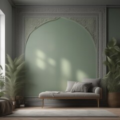 modern interior design of bedroom with green plants and sofa in light green room. 3d illustration. modern interior design of bedroom with green plants and sofa in light green room. 3d illustration. mo