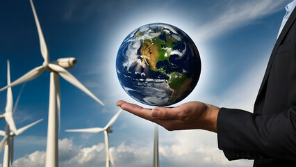 Hands Holding Earth Globe with Wind Turbines, Clean Energy Advocacy Copy Space
