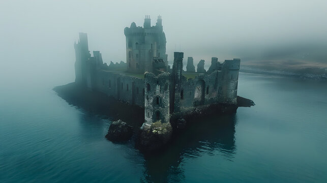 a drone shot of a ancient castle rising up from the misty sea