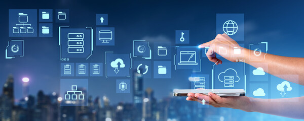 Poster - Woman hands with phone, finger touch big data server hologram with icons