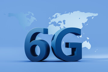 Poster - 6G wireless internet connection and world map on blue background