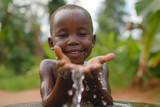 Fototapeta  - African Children having fun with water from a recently installed water well, Generative Ai.