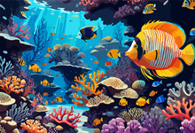 Underwater Vector Background. Life At Sea Or Ocean Bottom. Exotic Undersea World With Coral Reef, Colorful Fish, Cute Underwater Creatures. Marine Landscape, Seascape.