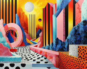 Pop concert vibrancy surrealism art collide in abstract geometrics