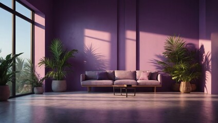 Poster - Abstract purple color gradient studio background for product presentation. Empty room with shadows of window and flowers and palm leaves. 3D room with copy space. Summer concert. Blurred backdrop.