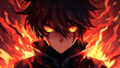 An intense illustration of a Anime style character with glowing red eyes surrounded by flames