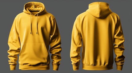 Wall Mural - Set of yellow front and back view tee hoodie hoody sweatshirt on transparent background cutout, PNG file. Mockup template for artwork graphic design