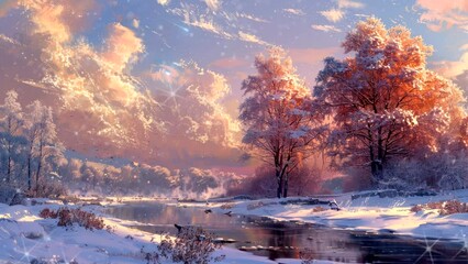 Wall Mural - view of trees with river in winter. Seamless looping time-lapse virtual 4k video animation background