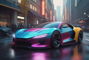 Wall Mural - Tuned Sport Car , cyberpunk Retro Sports Car On Neon Highway. Powerful acceleration of a supercar on a night track with colorful lights and trails