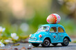 Happy Easter card. Toy car carrying easter egg.