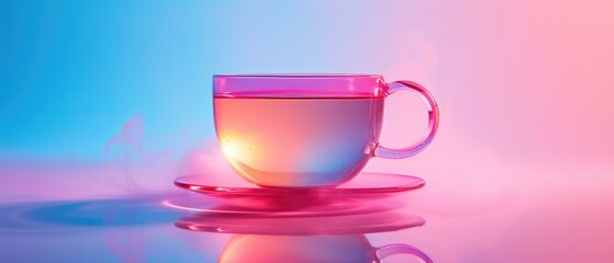 Poster - A cup of tea is sitting on a saucer with a colorful background. Generative AI.