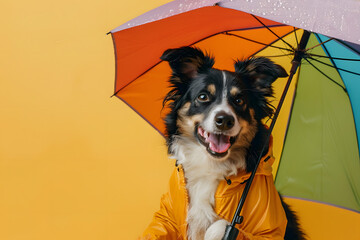 Wall Mural - Funny cute dog with colorful umbrella on background.