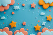Stars and clouds in the sky in 3d clay style on background for kids.