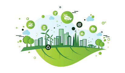 Wall Mural - The concept of carbon credit with icons. Tradable certificate to drive industry and company to the direction of low emissions and carbon offset solution. Green vector illustration template.