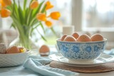 Fototapeta Kuchnia - Bright Easter Morning Breakfast with Seasonal Decorations and Fresh Farm Eggs