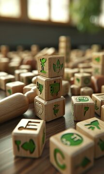 Wooden blocks with green symbols on them. Generative AI.