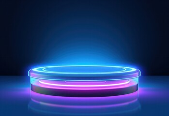 podium round purple blue neon light futuristic platform teleport tech cyber graphic on dark backgrou