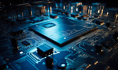 Wall Mural - CPU and motherboard in blue light abstract 3D illustration of CPU in technological computer circuit board with microchips and other computer parts