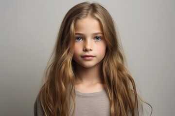 Portrait of a beautiful little girl with long hair on a gray background