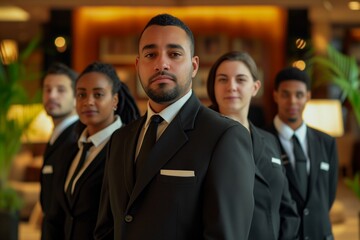 A group of hotel staff in professional attire