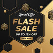 Flash Sale With Golden Font And Black Banner With Discount Up to 35% off . Special Offer. Vector illustration. Flash Sale banner template design for social media and website.