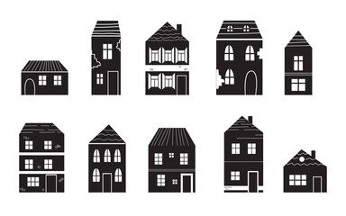 Vector black silhouette architecture house icon set isolated on white background. Doodle style.