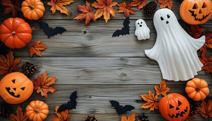 cute Halloween decorations ghost pumpkin bats leaves on wooden background 