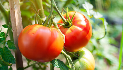 Close up fresh red tomatoes on the plant. and sunlight in vegetable garden