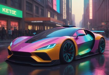 Wall Mural - Tuned Sport Car , cyberpunk Retro Sports Car On Neon Highway. Powerful acceleration of a supercar on a night track with colorful lights and trails