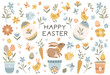 Set of Easter design elements. Eggs, cart, chickens, rabbit, flowers and branches. Ideal for holiday decoration. Vector illustration
