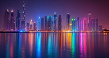 Dubai City Skyline Reflecting On Water At Night With Vibrant Lights