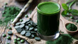 Nutrient-rich supplements Spirulina in the form of Powder and Tablets in a glass