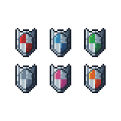 Fototapete - Pixel art sets icon of shield in variation color. Shield icon on pixelated style. 8bits perfect for game asset or design asset element for your game design. Simple pixel art icon asset.