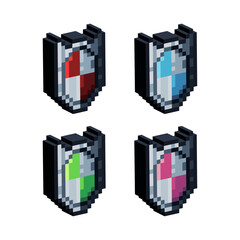 Poster - Isometric Pixel art 3d of shield icon for items asset.Shield icon on pixel bits style.8-bits perfect for game asset,design asset element,app,website, Vector illustration.