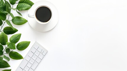 Wall Mural - Flat lay, top view office table desk. Workspace with blank clip board, keyboard, office supplies, pencil, green leaf, and coffee cup on white background