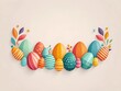 a collection of Easter-themed decorations, featuring brightly colored and patterned eggs, often arranged in a circular formation around a central space