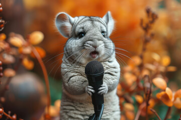 Leinwandbilder - Beautiful Chinchilla with a Microphone in its Paws extreme closeup. Generative AI