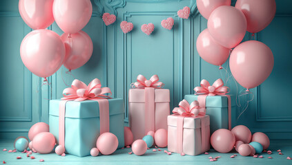 Aufkleber - Celebration Concept. Pink Gift Boxes and Balloons extreme closeup. Generative AI