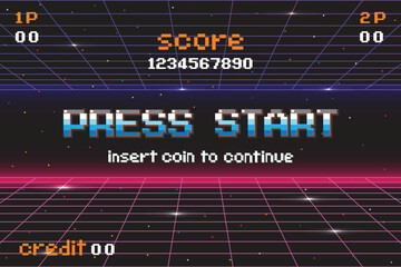Leinwandbilder - PRESS START INSERT A COIN TO CONTINUE .pixel art .8 bit game. retro game. for game assets .Retro Futurism Sci-Fi Background. glowing neon grid. and stars from vintage arcade computer games