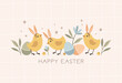 Greeting card with Easter chicks and flowers. Vector illustration