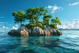 Fototapeta  - Island with rocky outcrops and trees in middle of sea capturing essence of travel and nature scenic seascape presenting tranquil vacation ideal for summer holidays with beaches clear blue waters