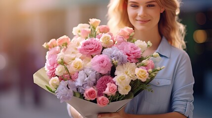 Wall Mural - Very nice young woman holding big and beautiful bouquet of fresh roses, carnations, eucalyptus flowers in pastel pink colors, cropped photo, bouquet close up