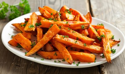 Poster - Close-up of golden sweet potato fries served on a pristine white plate atop a rustic wooden table, inviting viewers to savor the deliciousness