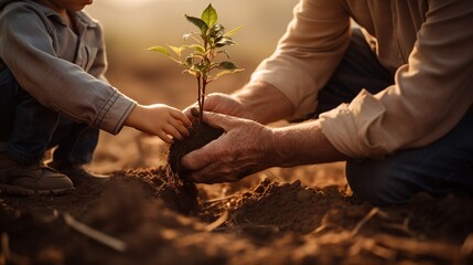 An adult's hands guide a child's in planting a young tree, symbolizing growth, nurturing, and environmental education, perfect for sustainability and family-themed content