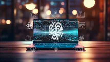 Poster - cyber security technology concept, futuristic cyber tech background, modern digital cyberspace fingerprint biometric verification, internet data network 