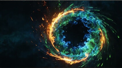 Wall Mural - Abstract of blue green fire flame circular vortex swirling with bright light and glowing ember particles, motion concept from Generative AI